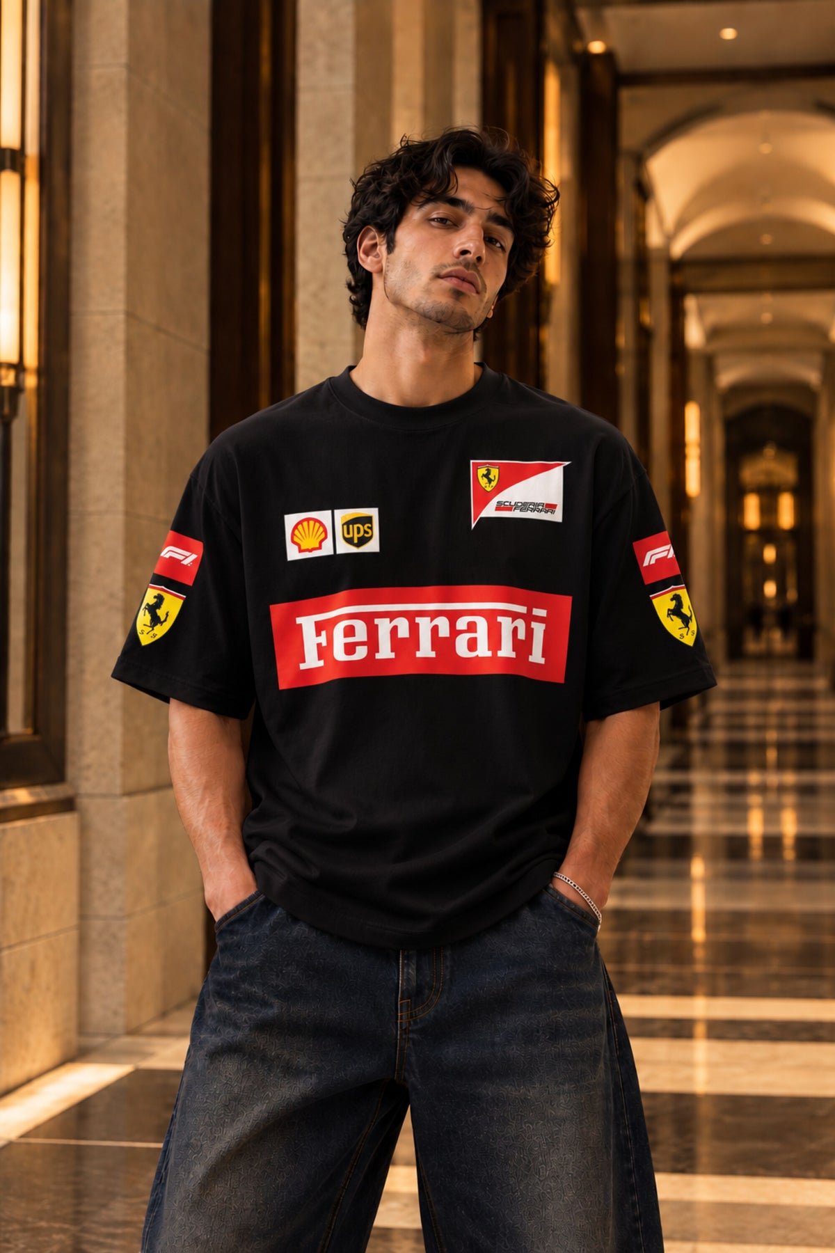 White Ferrari racing oversized tshirt with F1 team badges, Shell UPS and Scuderia horse sleeve prints, drop shoulder boxy fit, men India - black