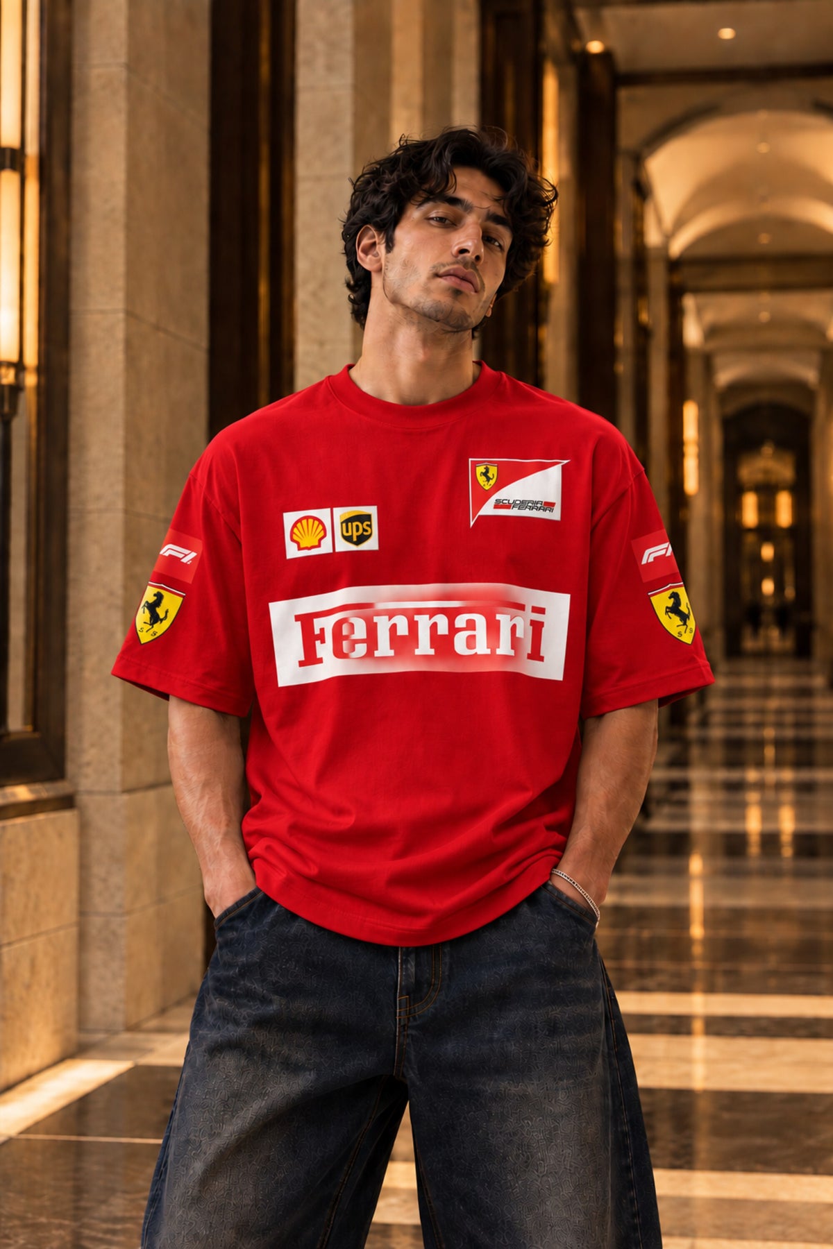 White Ferrari racing oversized tshirt with F1 team badges, Shell UPS and Scuderia horse sleeve prints, drop shoulder boxy fit, men India - red