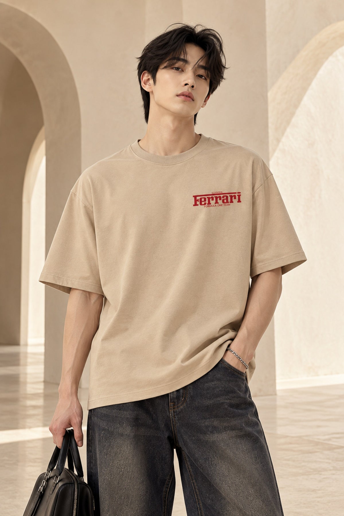 Beige Ferrari oversized tshirt with small red Ferrari logo print on left chest, relaxed drop shoulder boxy fit, men India - beige