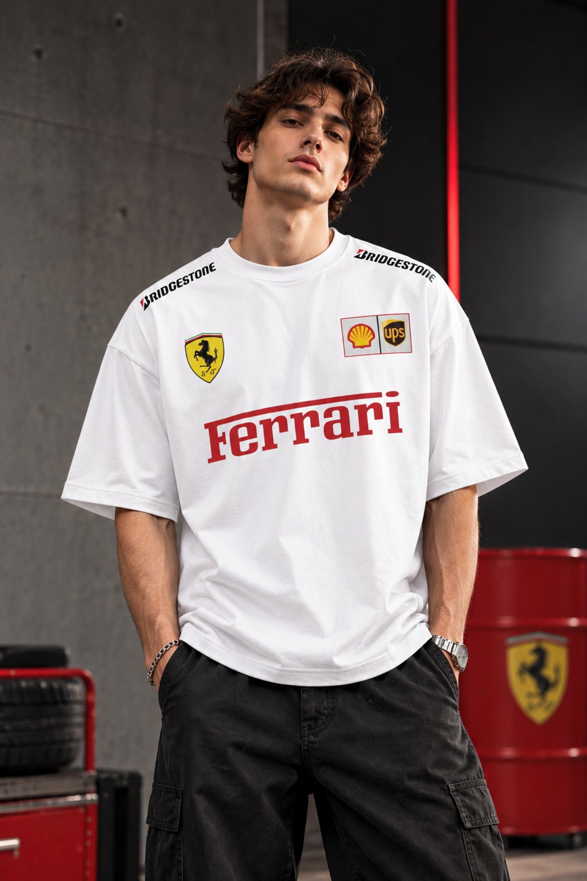 A man wearing a white Ferrari crewneck t-shirt with red and yellow sponsor logos, paired with black cargo pants, standing in a garage-like setting with red barrels.