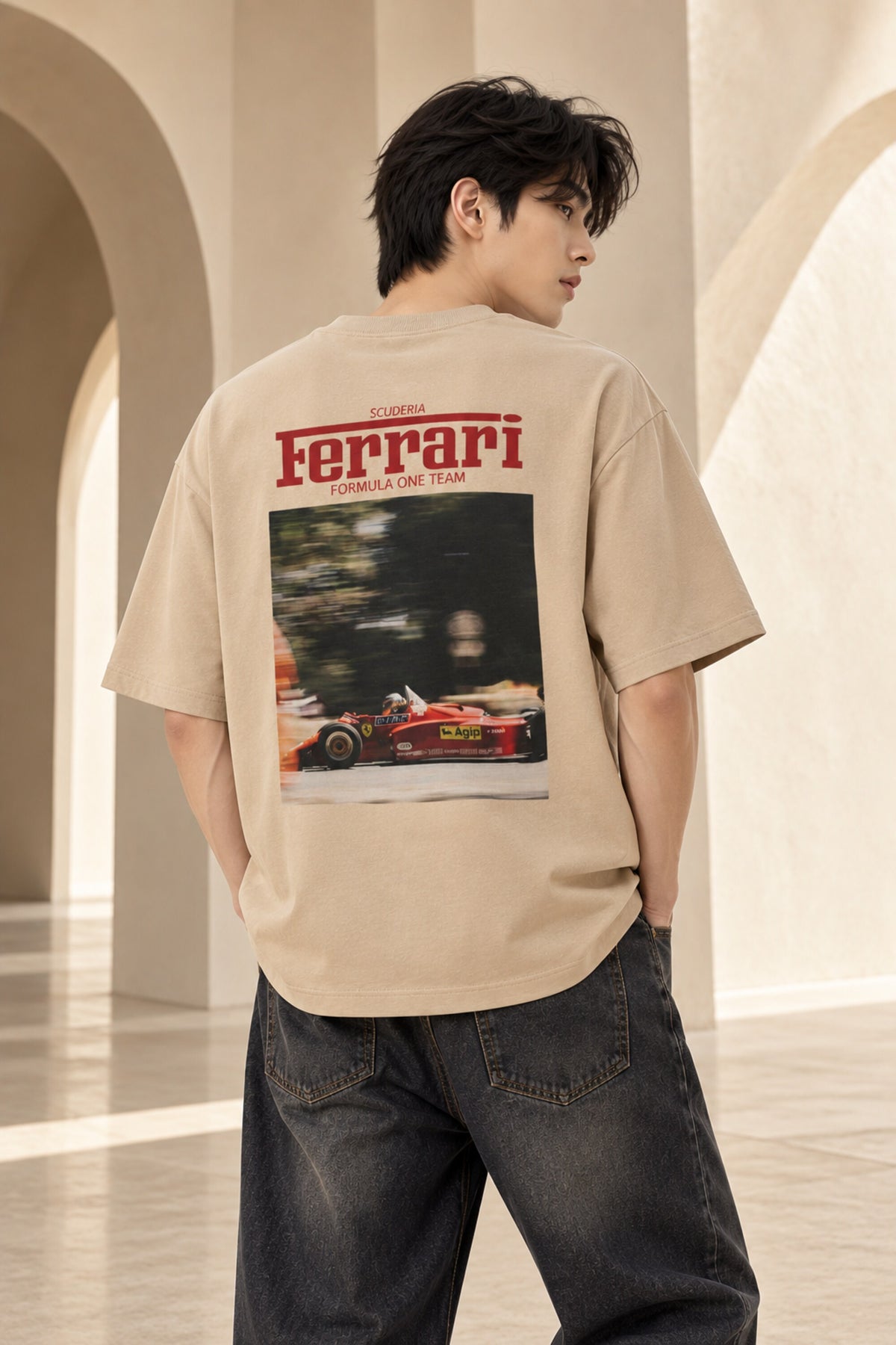 Beige Ferrari oversized tshirt with small red Ferrari logo print on left chest, relaxed drop shoulder boxy fit, men India