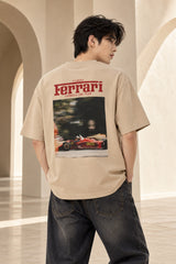 Beige Ferrari oversized tshirt with small red Ferrari logo print on left chest, relaxed drop shoulder boxy fit, men India