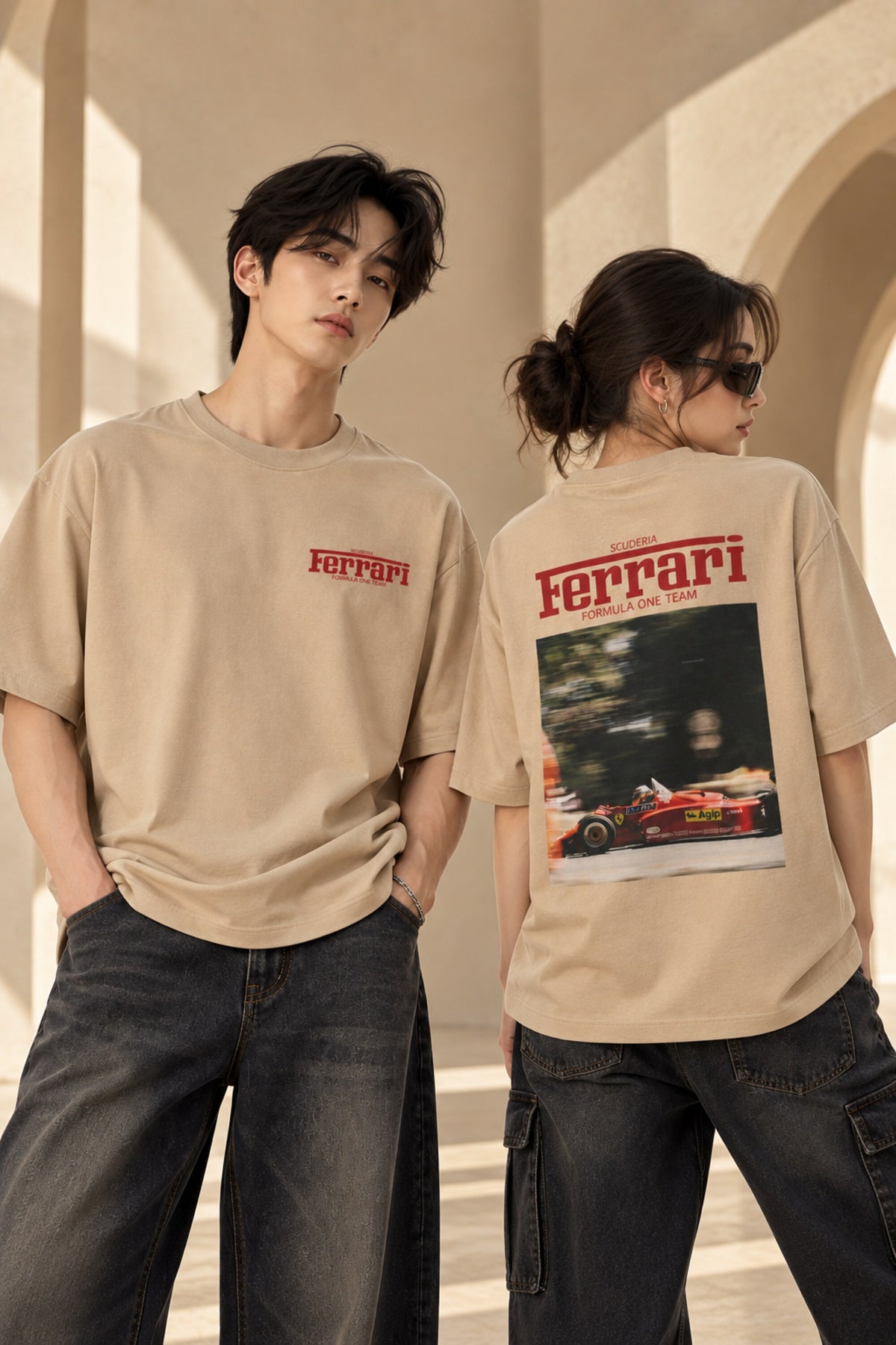 Beige Ferrari oversized tshirt with small red Ferrari logo print on left chest, relaxed drop shoulder boxy fit, men India