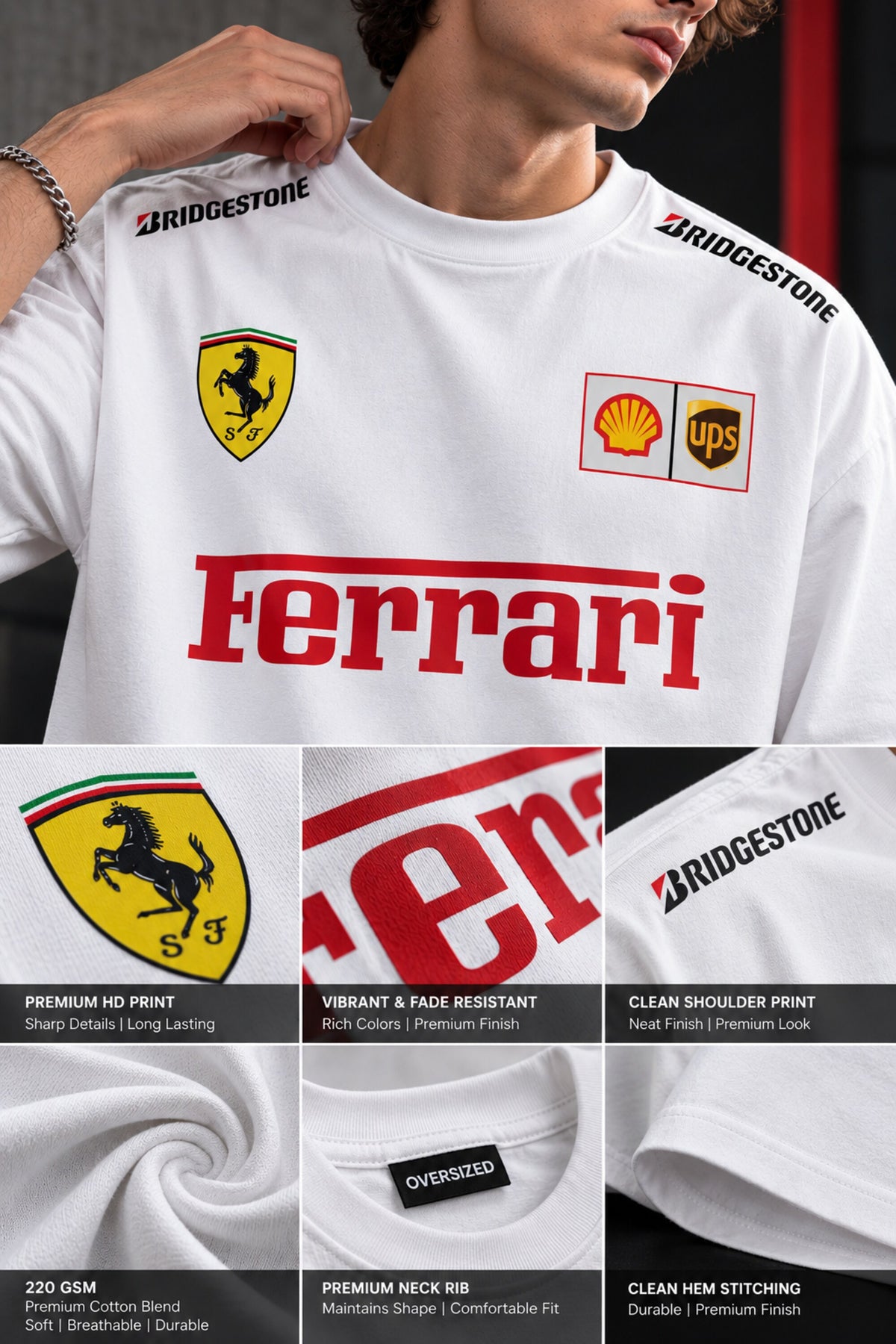 A white Ferrari t-shirt with red and yellow sponsor logos, shown on a model with a detailed feature infographic below.