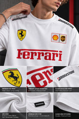A white Ferrari t-shirt with red and yellow sponsor logos, shown on a model with a detailed feature infographic below.