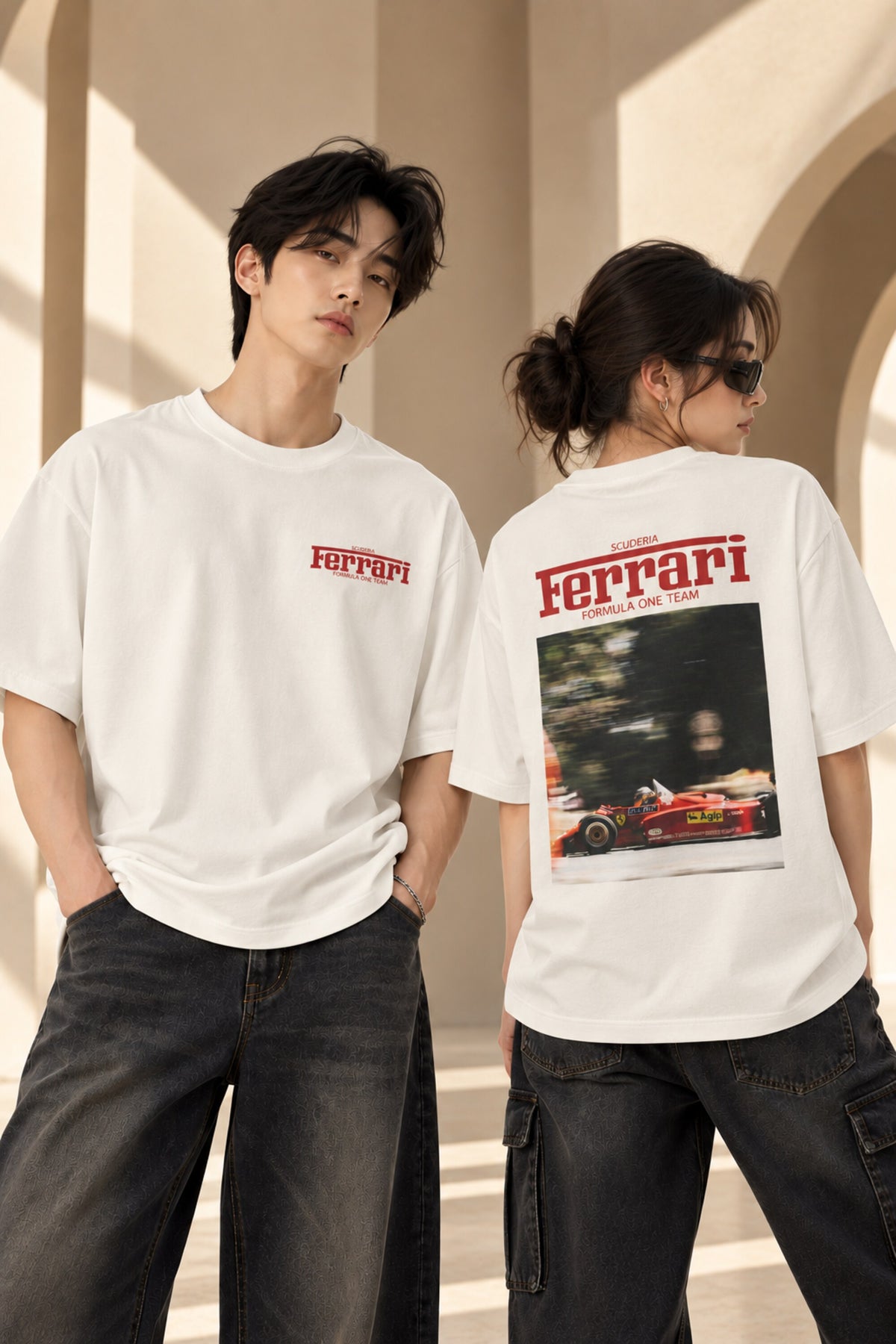Beige Ferrari oversized tshirt with small red Ferrari logo print on left chest, relaxed drop shoulder boxy fit, men India - white