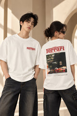 Beige Ferrari oversized tshirt with small red Ferrari logo print on left chest, relaxed drop shoulder boxy fit, men India - white