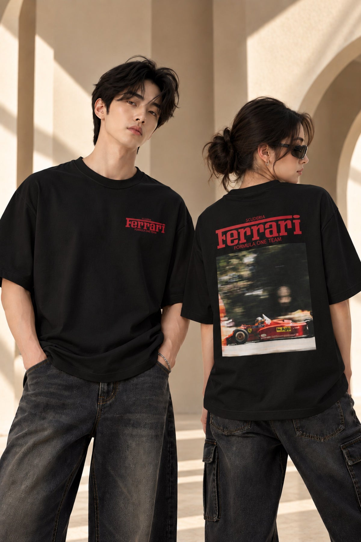 Beige Ferrari oversized tshirt with small red Ferrari logo print on left chest, relaxed drop shoulder boxy fit, men India - black