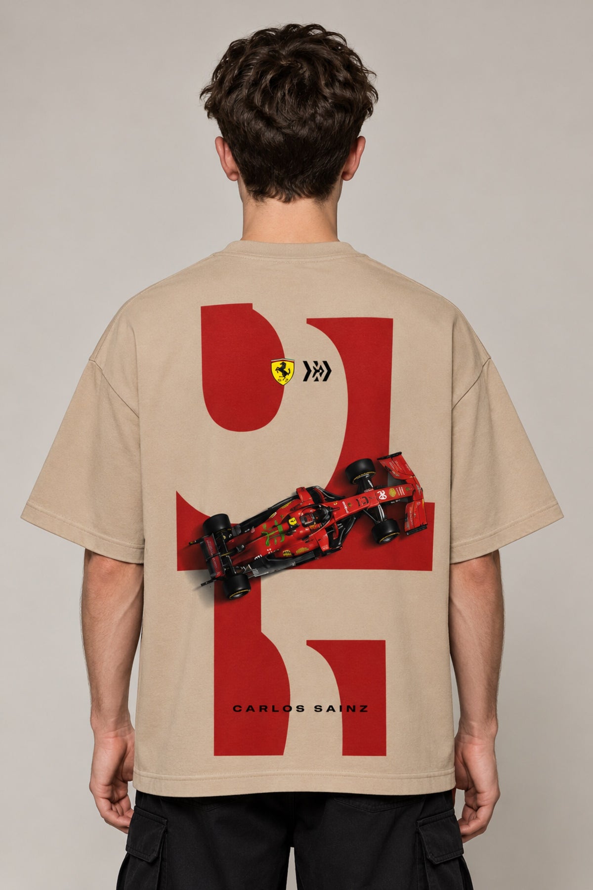 Beige oversized tshirt with bold red 16 number Ferrari prancing horse and red F1 racing car print on front, drop shoulder boxy fit, men India
