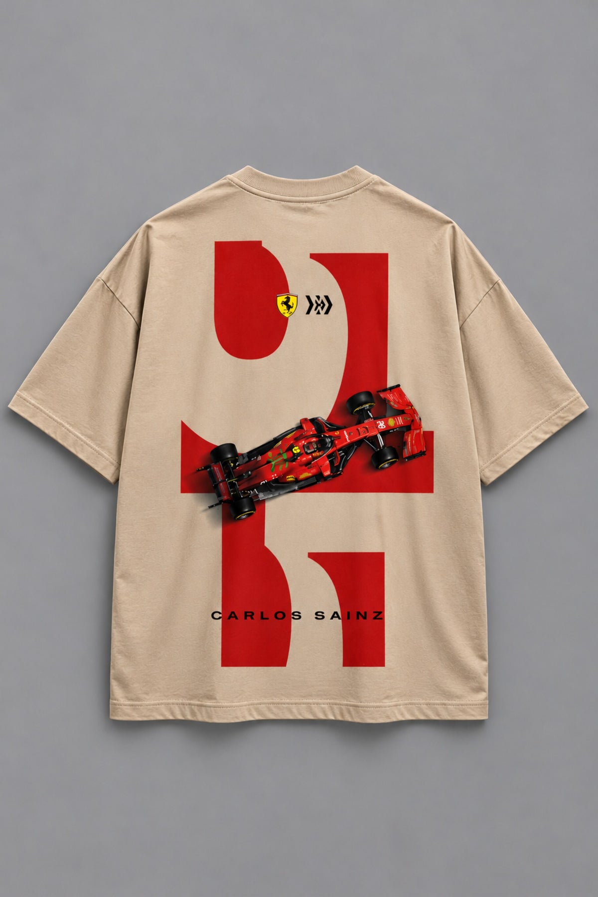 Beige oversized tshirt with bold red 16 number Ferrari prancing horse and red F1 racing car print on front, drop shoulder boxy fit, men India