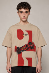 Beige oversized tshirt with bold red 16 number Ferrari prancing horse and red F1 racing car print on front, drop shoulder boxy fit, men India