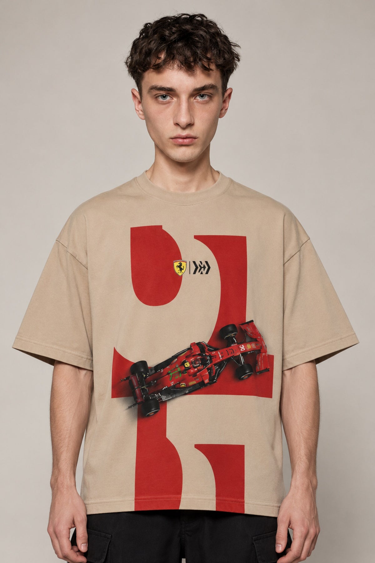 Beige oversized tshirt with bold red 16 number Ferrari prancing horse and red F1 racing car print on front, drop shoulder boxy fit, men India