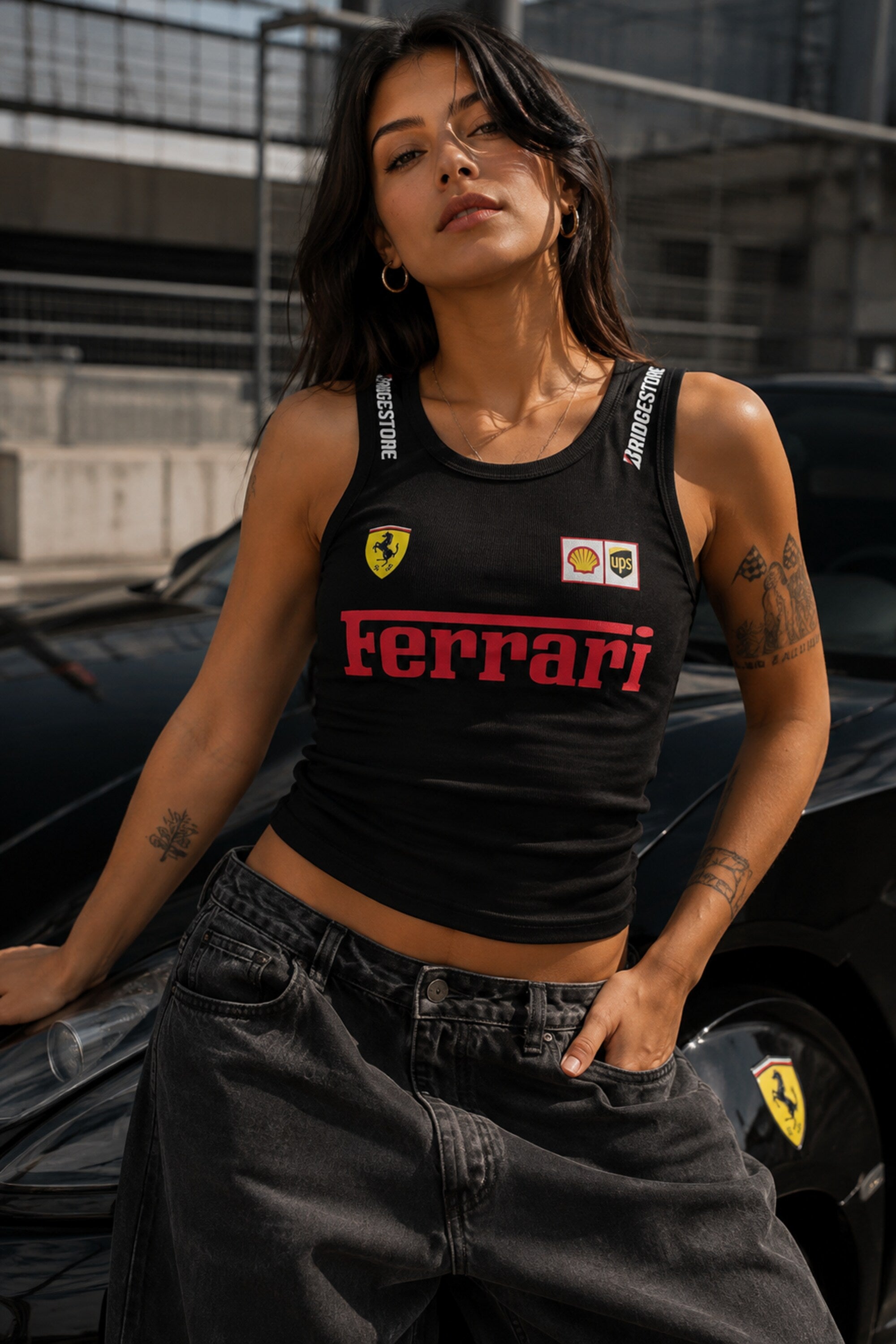 Black ribbed crop tank top Ferrari racing jersey design prancing horse Shell UPS Bridgestone sponsor logos red italic Ferrari text 220 GSM - black