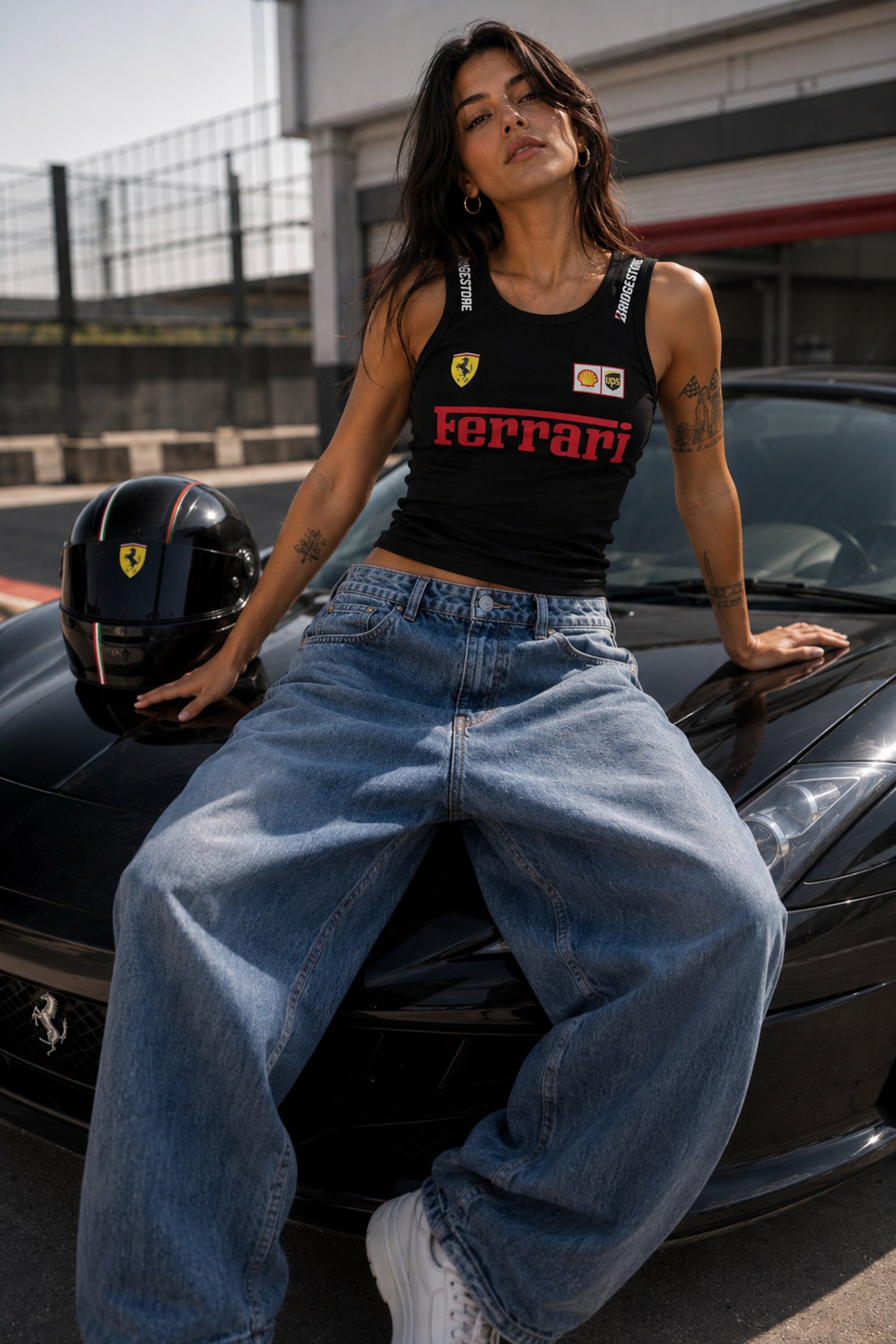 Black ribbed crop tank top Ferrari racing jersey design prancing horse Shell UPS Bridgestone sponsor logos red italic Ferrari text 220 GSM