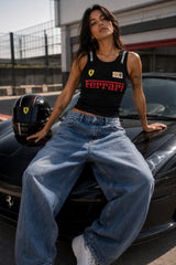Black ribbed crop tank top Ferrari racing jersey design prancing horse Shell UPS Bridgestone sponsor logos red italic Ferrari text 220 GSM