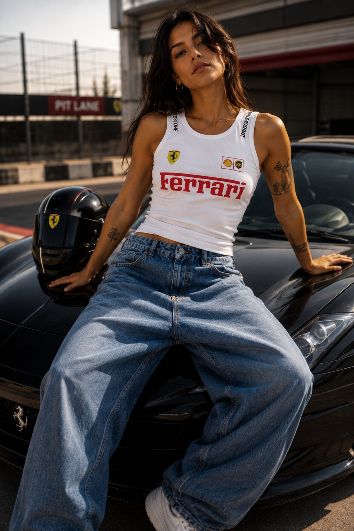 Black ribbed crop tank top Ferrari racing jersey design prancing horse Shell UPS Bridgestone sponsor logos red italic Ferrari text 220 GSM - white