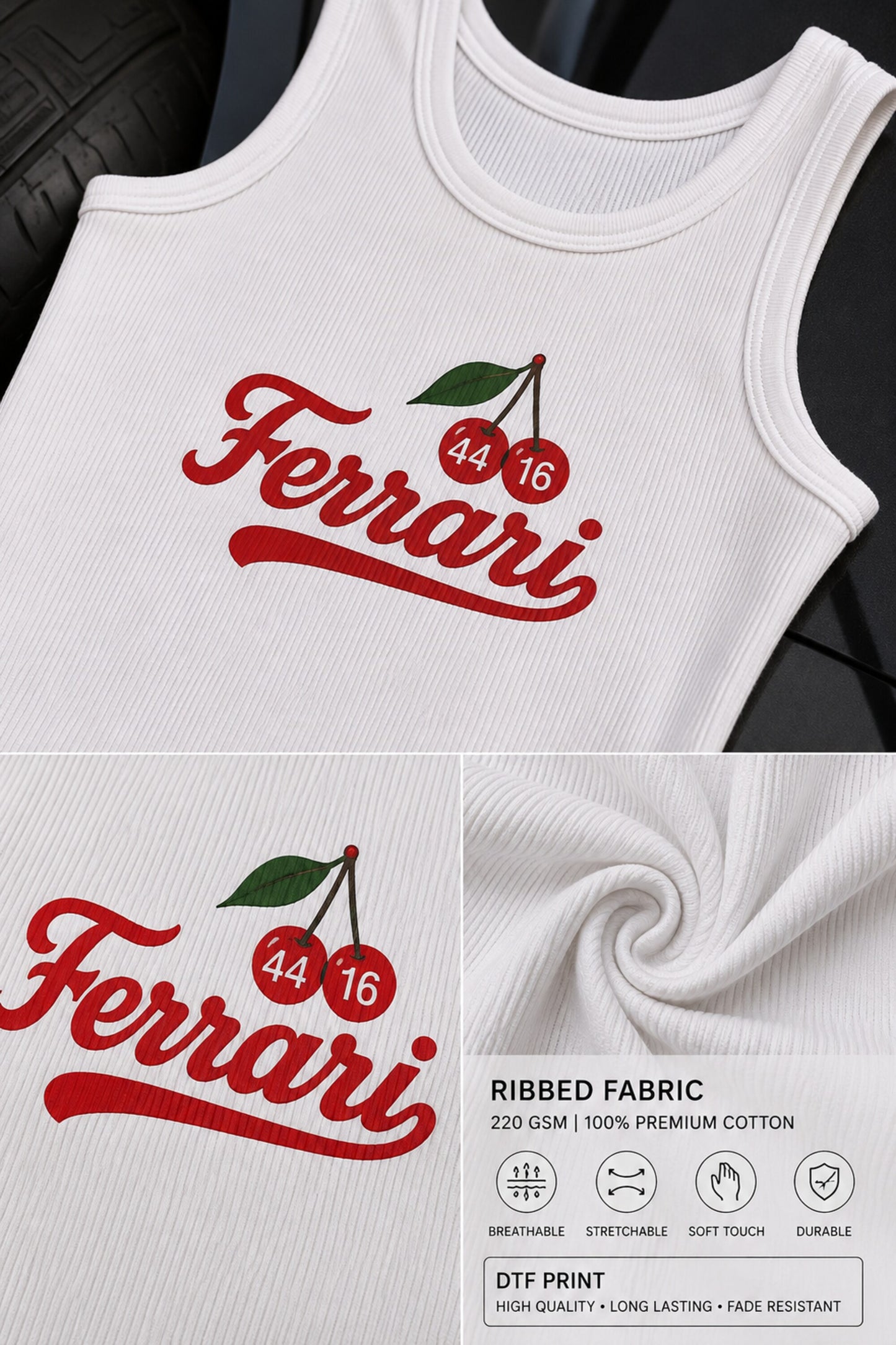 White ribbed crop tank top with Ferrari red retro cursive script and cherry graphic with driver numbers 44 and 16 Y2K coquette - white