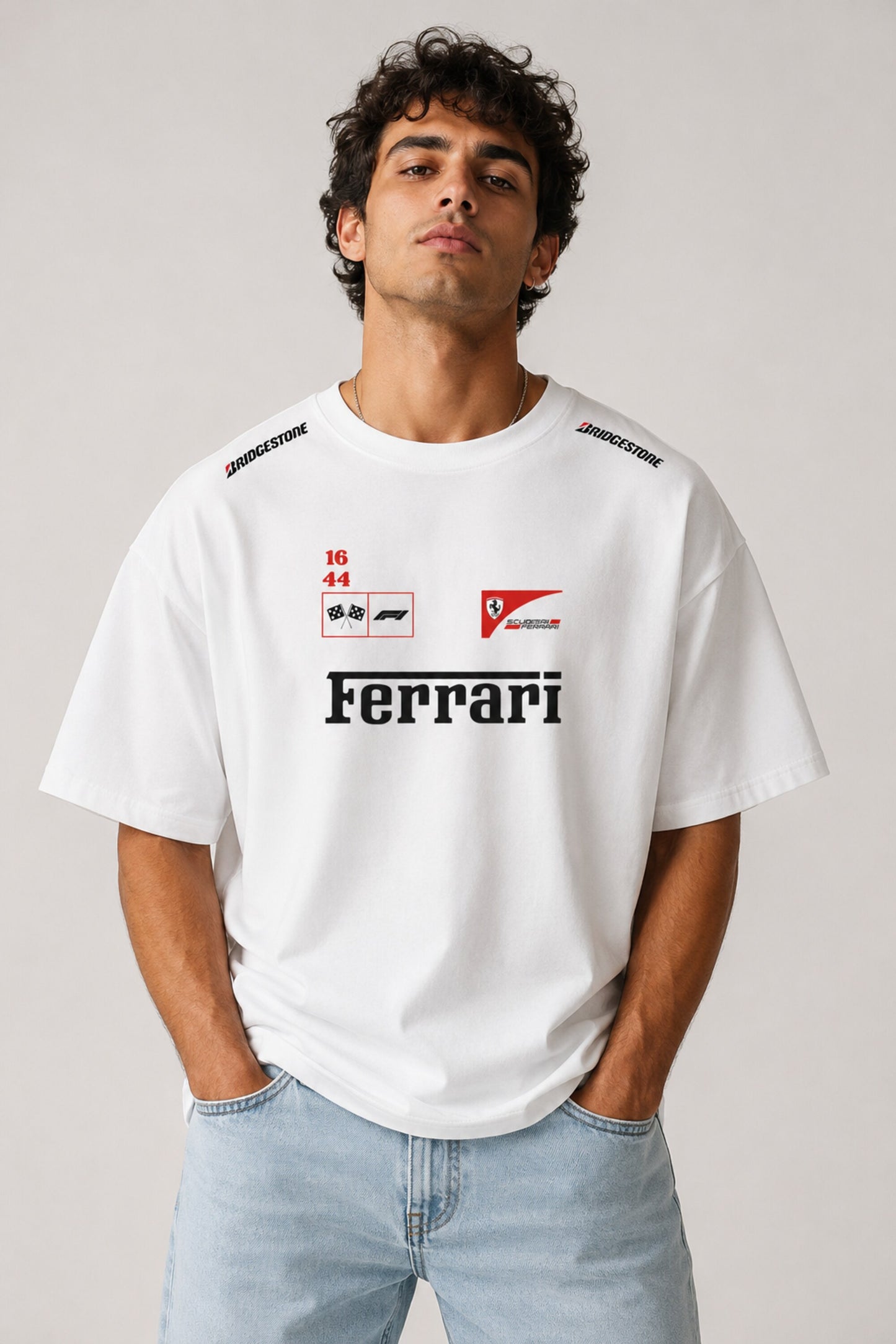 POPCASE white oversized t shirt Ferrari F1 racing livery Bridgestone 16 44 checkered flag Scuderia Ferrari shield bold text graphic tshirt
