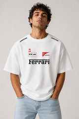POPCASE white oversized t shirt Ferrari F1 racing livery Bridgestone 16 44 checkered flag Scuderia Ferrari shield bold text graphic tshirt