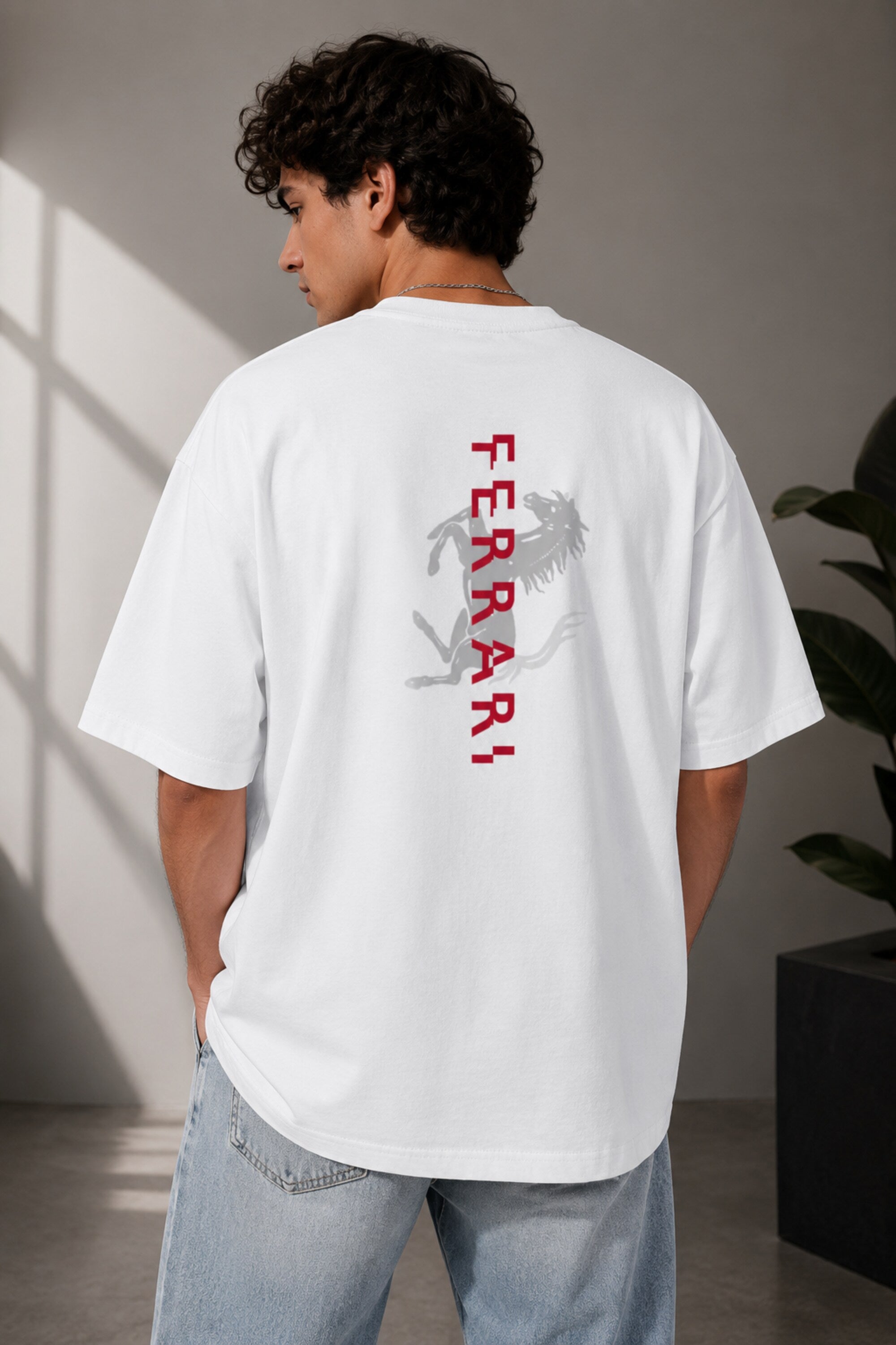 POPCASE white oversized t shirt Ferrari F1 racing livery Bridgestone 16 44 checkered flag Scuderia Ferrari shield bold text graphic tshirt