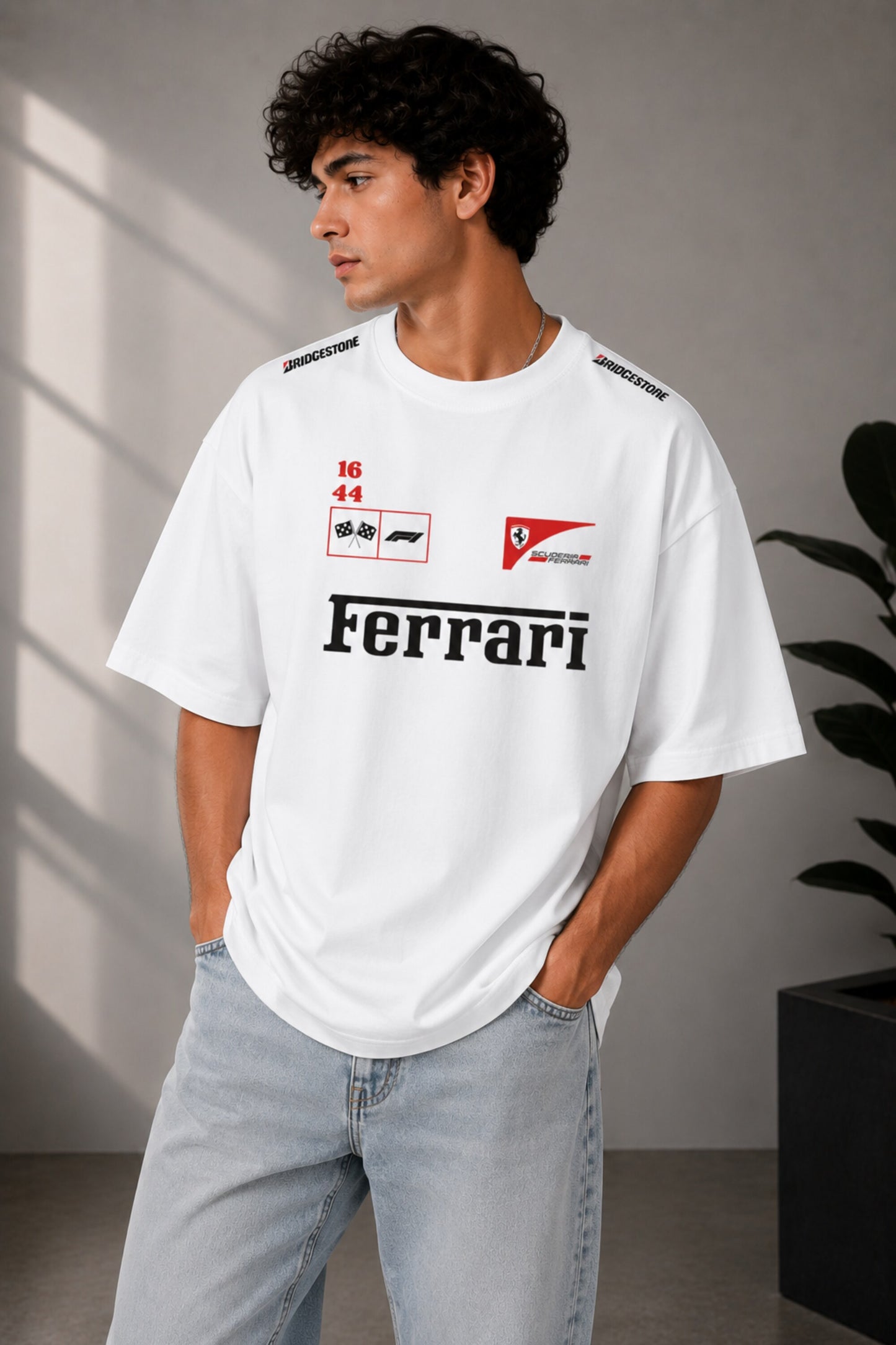 POPCASE white oversized t shirt Ferrari F1 racing livery Bridgestone 16 44 checkered flag Scuderia Ferrari shield bold text graphic tshirt