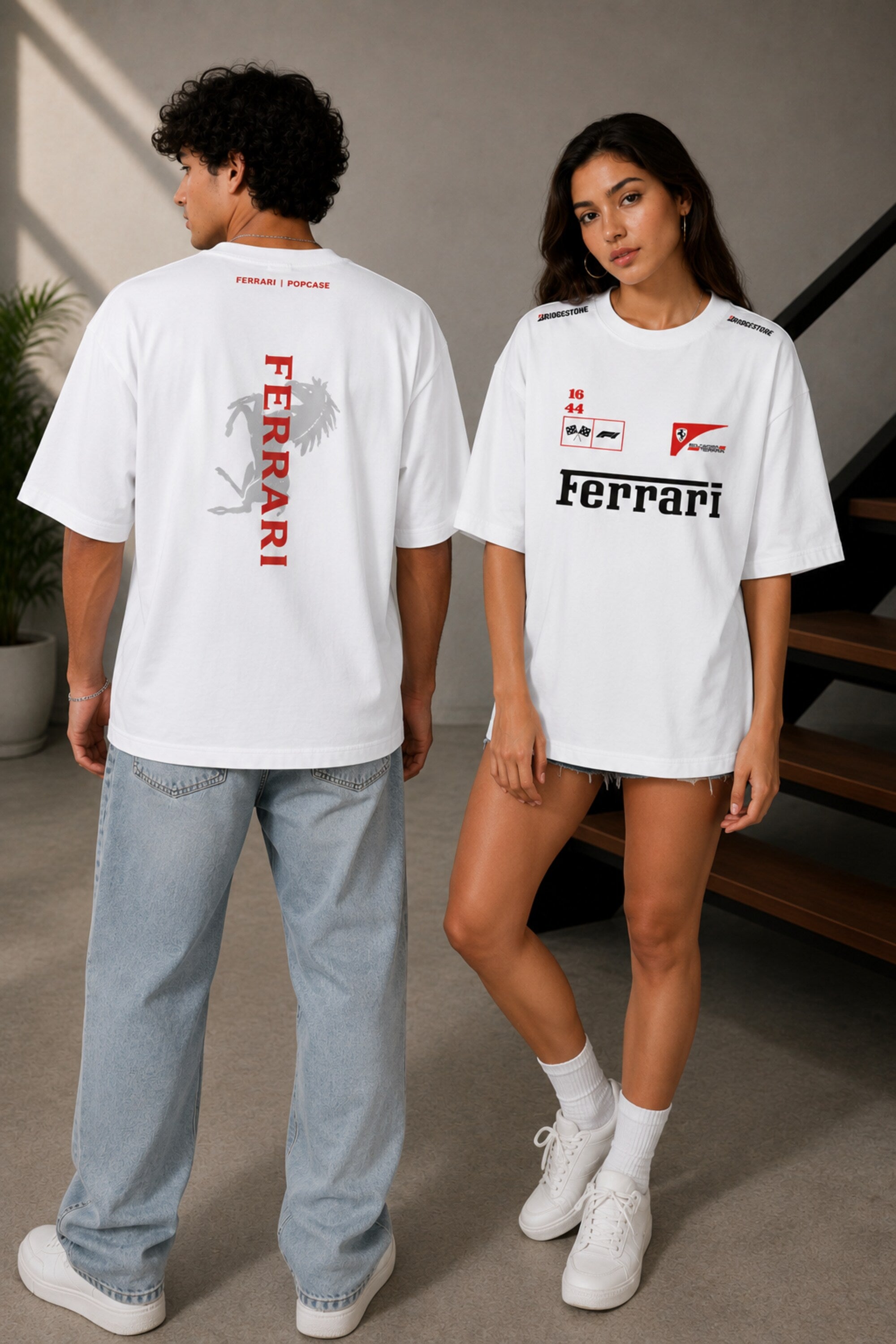 POPCASE white oversized t shirt Ferrari F1 racing livery Bridgestone 16 44 checkered flag Scuderia Ferrari shield bold text graphic tshirt