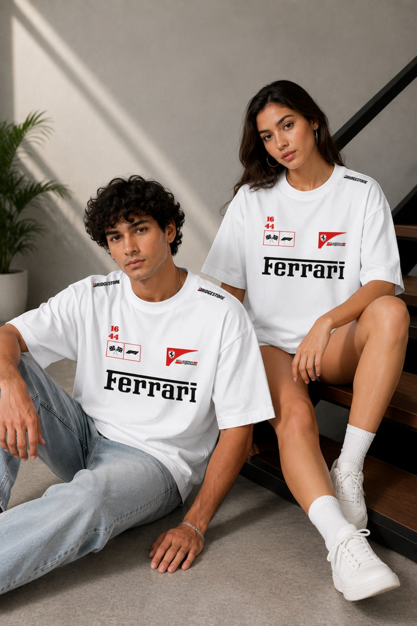 POPCASE white oversized t shirt Ferrari F1 racing livery Bridgestone 16 44 checkered flag Scuderia Ferrari shield bold text graphic tshirt