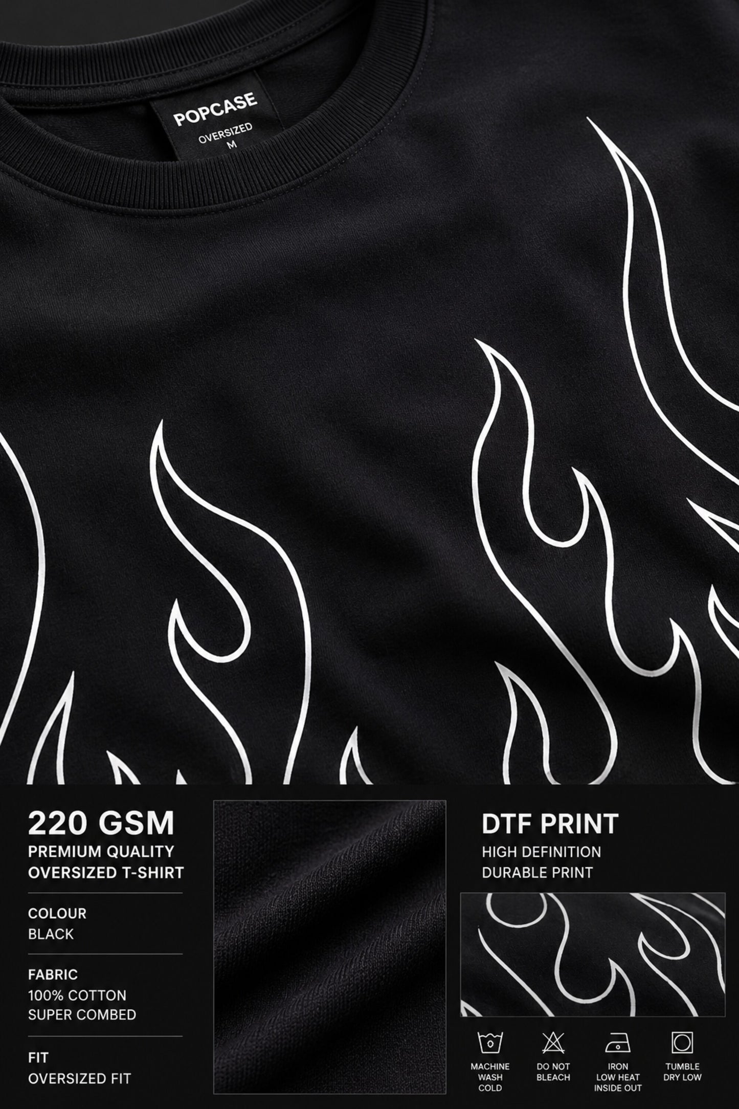 Black oversized t-shirt with large white outline flame design on front, streetwear fashion India