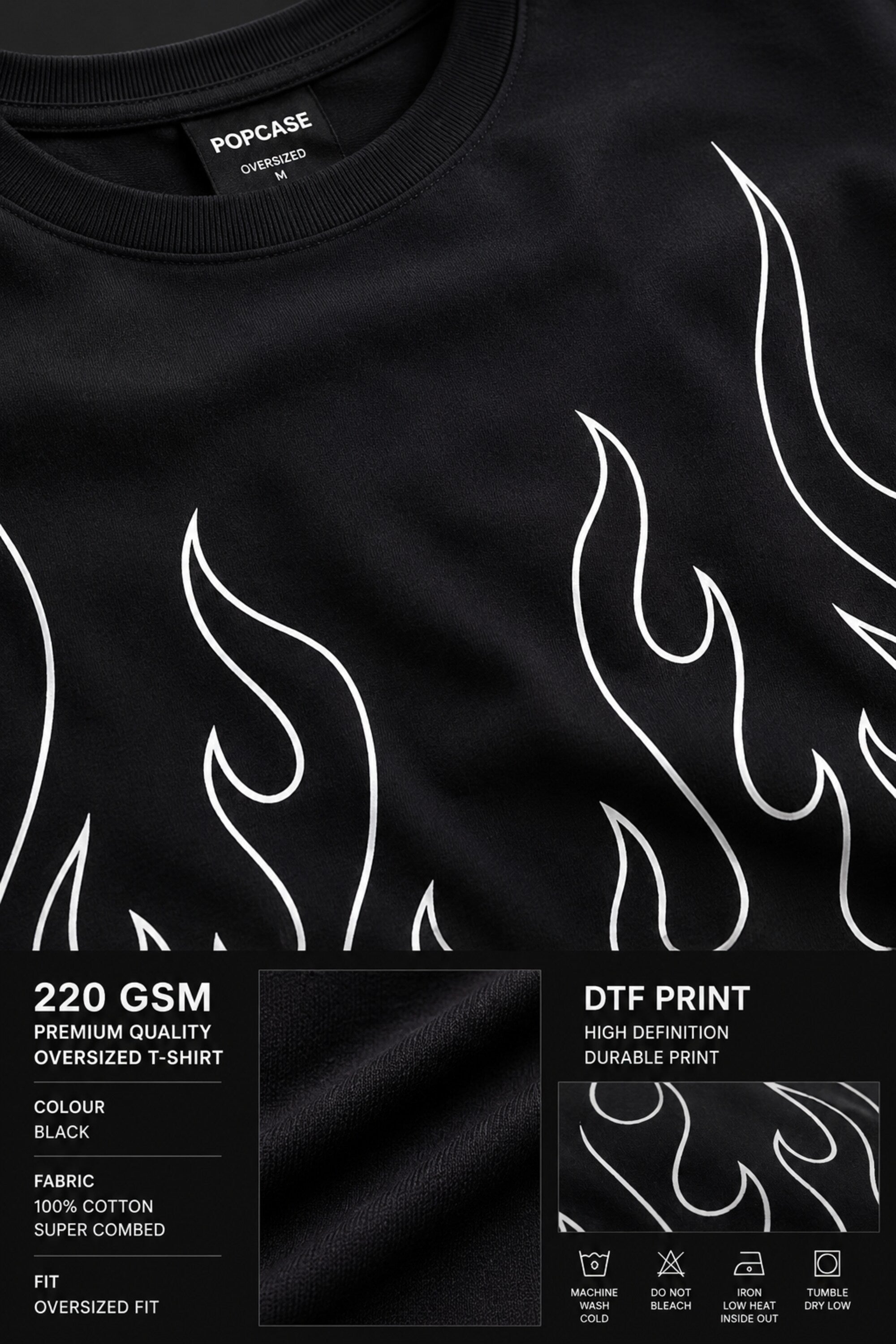 Black oversized t-shirt with large white outline flame design on front, streetwear fashion India