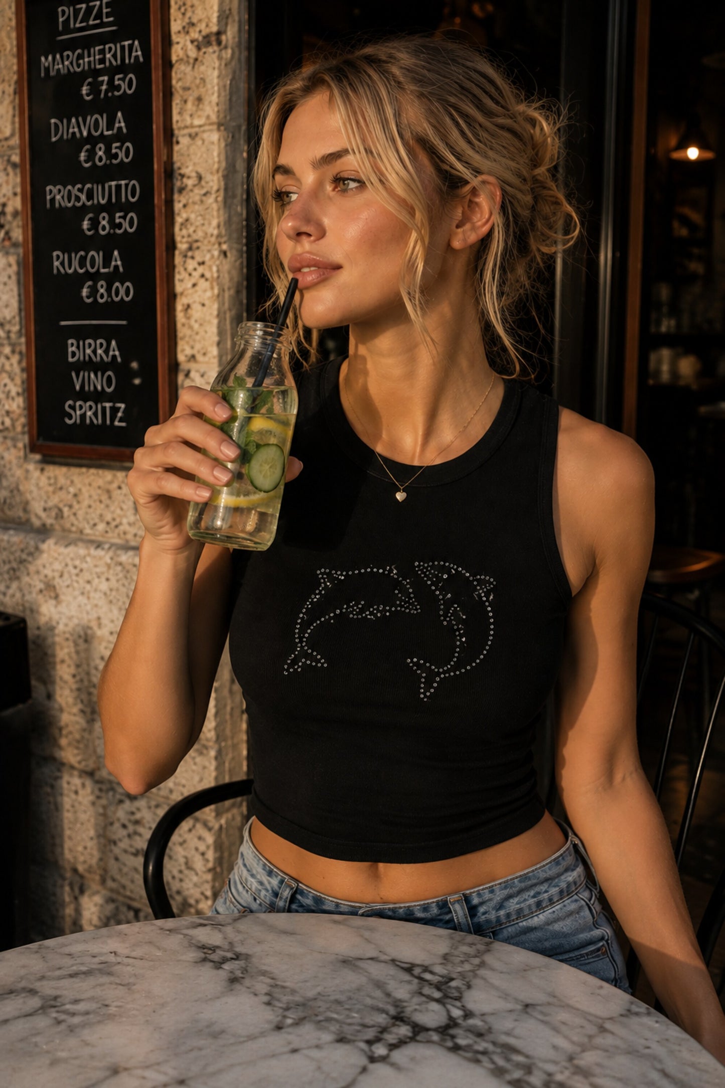 Black ribbed crop tank top with silver rhinestone dolphin graphic on model