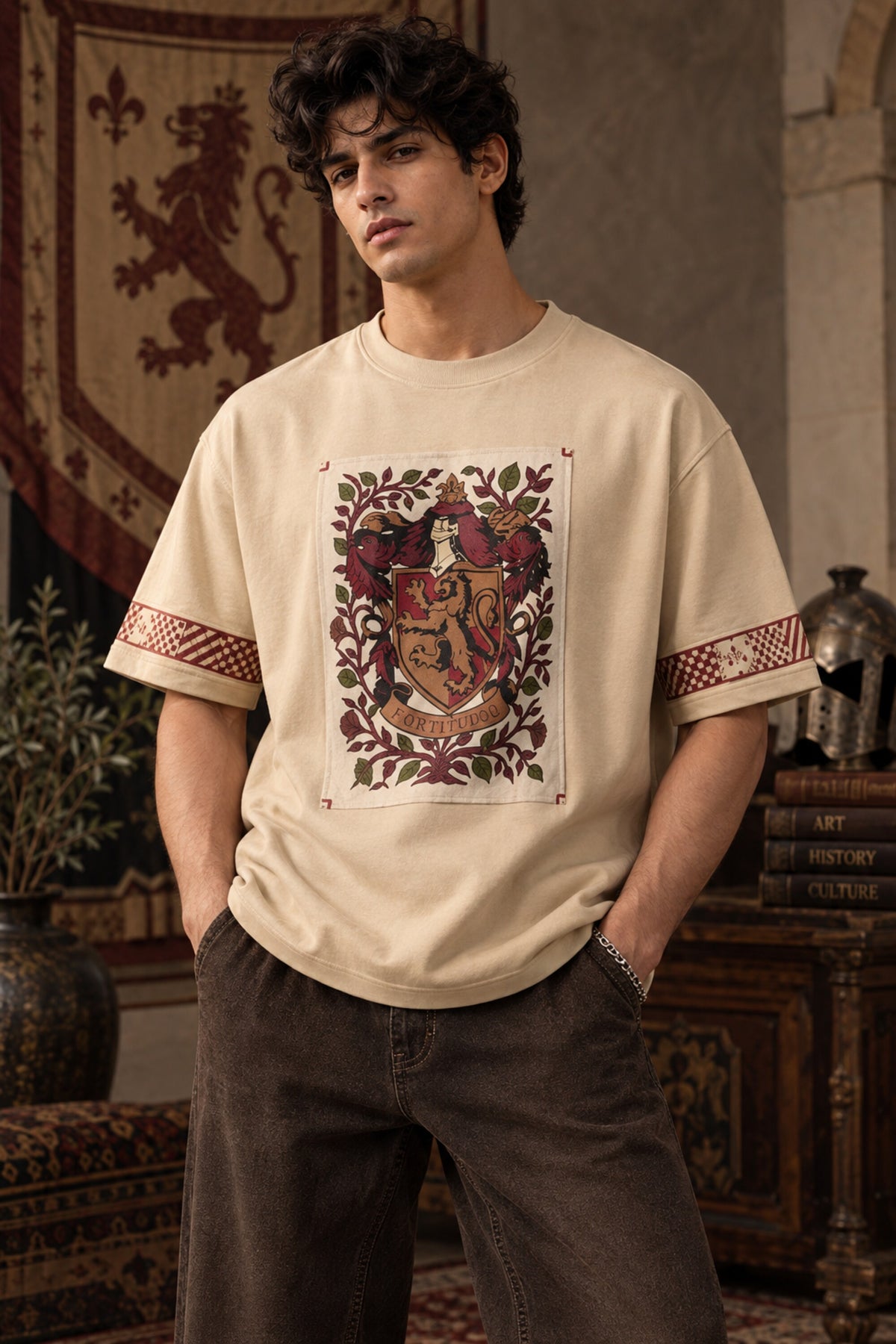 Beige Harry Potter oversized tshirt with Gryffindor house crest floral tapestry HD print and red printed sleeve bands - beige