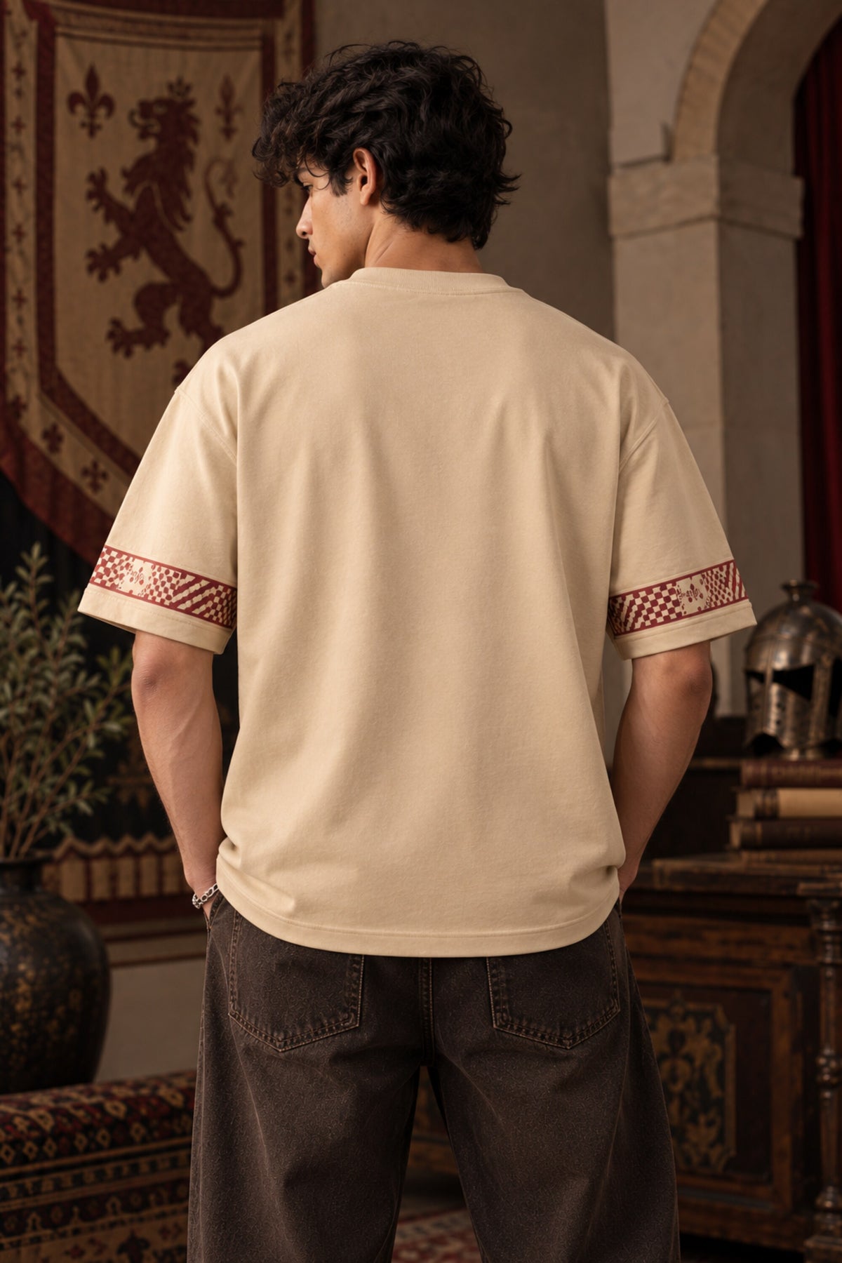 Beige Harry Potter oversized tshirt with Gryffindor house crest floral tapestry HD print and red printed sleeve bands