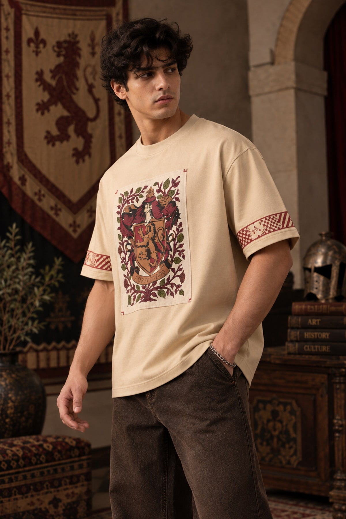 Beige Harry Potter oversized tshirt with Gryffindor house crest floral tapestry HD print and red printed sleeve bands