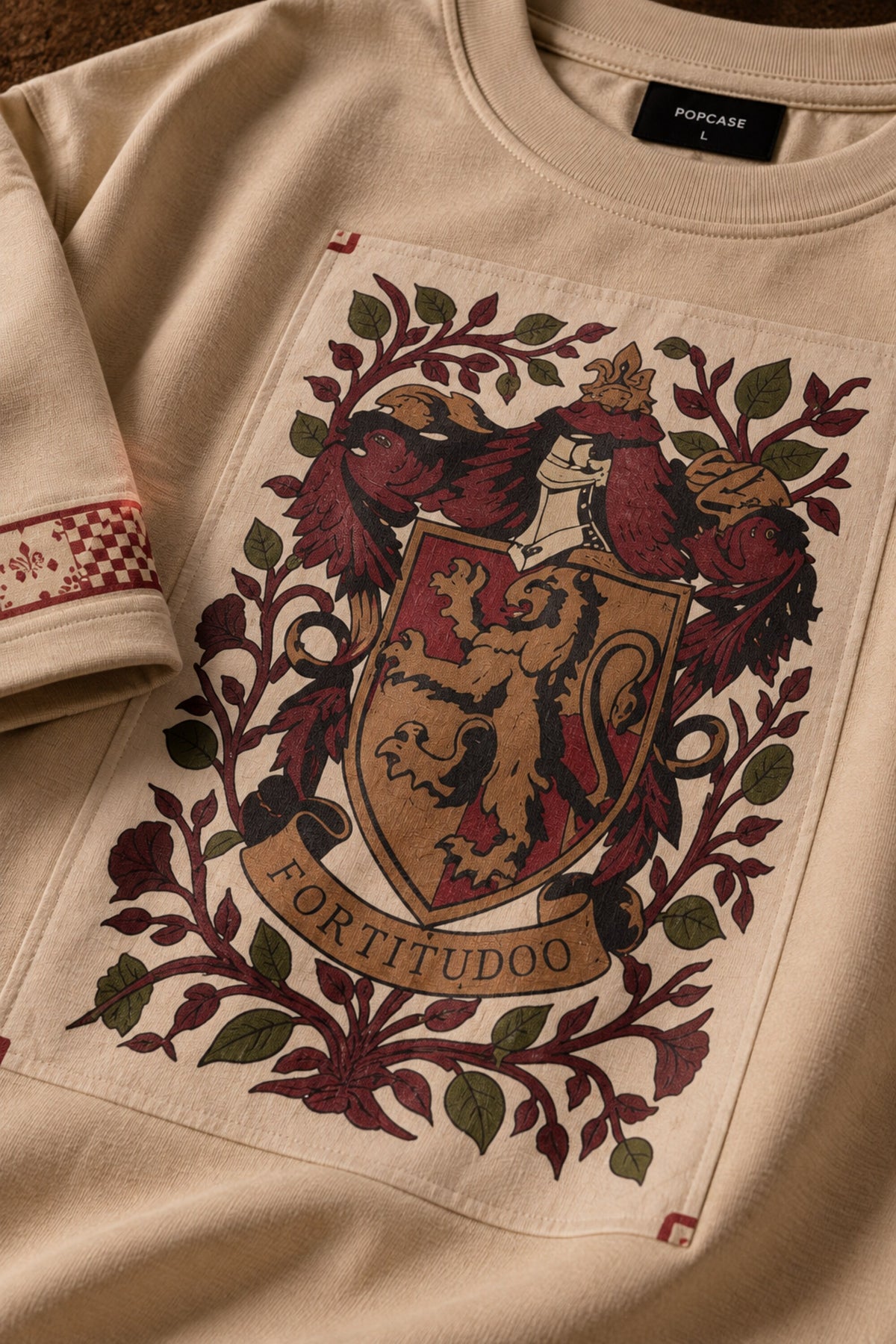 Beige Harry Potter oversized tshirt with Gryffindor house crest floral tapestry HD print and red printed sleeve bands