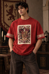 Beige Harry Potter oversized tshirt with Gryffindor house crest floral tapestry HD print and red printed sleeve bands - red