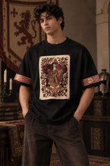 Beige Harry Potter oversized tshirt with Gryffindor house crest floral tapestry HD print and red printed sleeve bands - black
