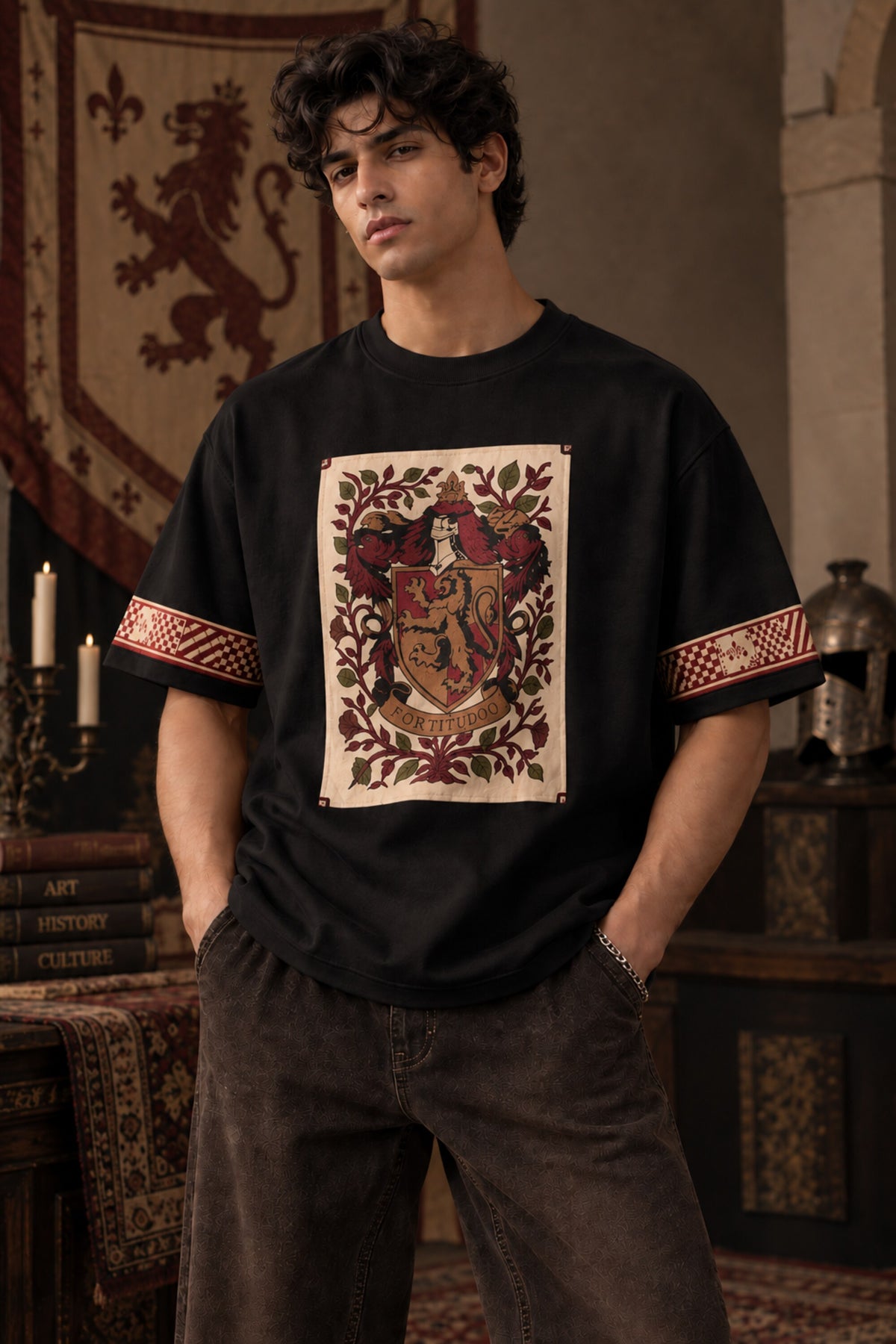 Beige Harry Potter oversized tshirt with Gryffindor house crest floral tapestry HD print and red printed sleeve bands - black