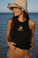 Yellow ribbed crop tank top with colorful tropical toucan DTF graphic Farm Rio inspired fitted midriff cut women top - black