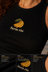Yellow ribbed crop tank top with colorful tropical toucan DTF graphic Farm Rio inspired fitted midriff cut women top