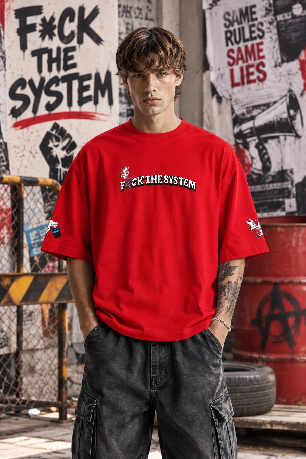 Red oversized tshirt with F*ck The System white slogan print on front and anarchy motifs on sleeves, drop shoulder boxy fit, men India