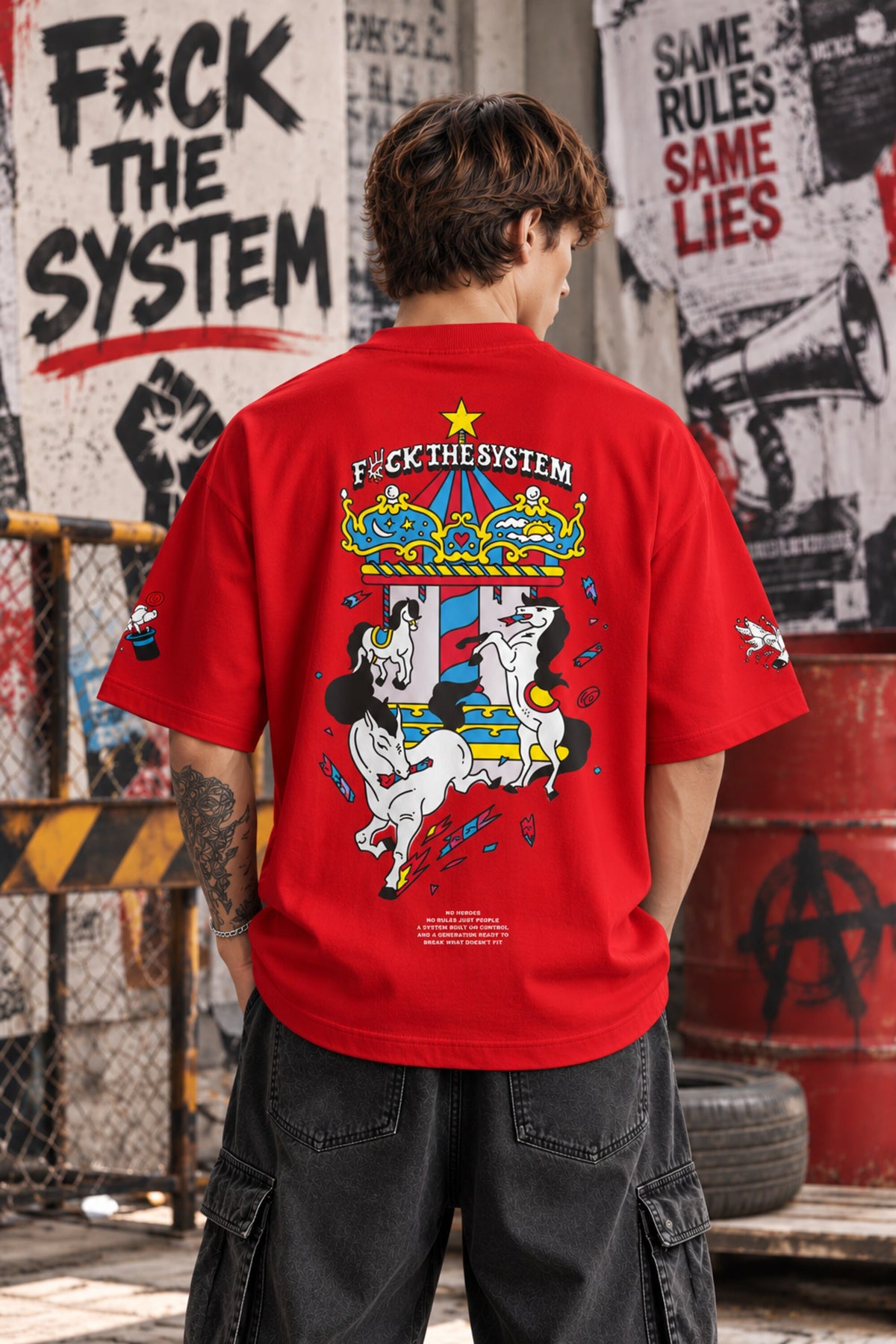 Red oversized tshirt with F*ck The System white slogan print on front and anarchy motifs on sleeves, drop shoulder boxy fit, men India