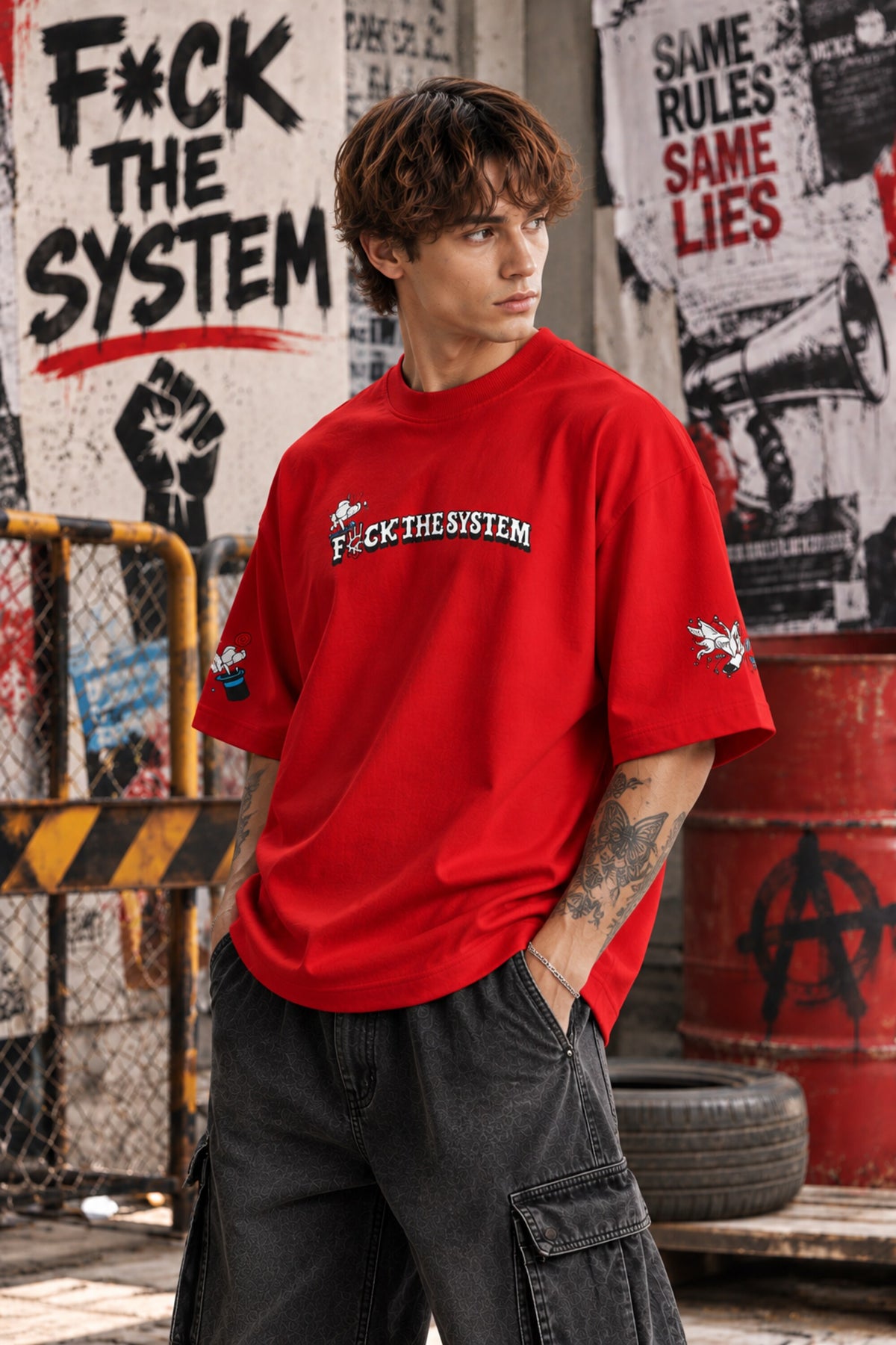 Red oversized tshirt with F*ck The System white slogan print on front and anarchy motifs on sleeves, drop shoulder boxy fit, men India