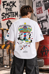 Red oversized tshirt with F*ck The System white slogan print on front and anarchy motifs on sleeves, drop shoulder boxy fit, men India