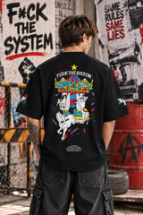 Red oversized tshirt with F*ck The System white slogan print on front and anarchy motifs on sleeves, drop shoulder boxy fit, men India