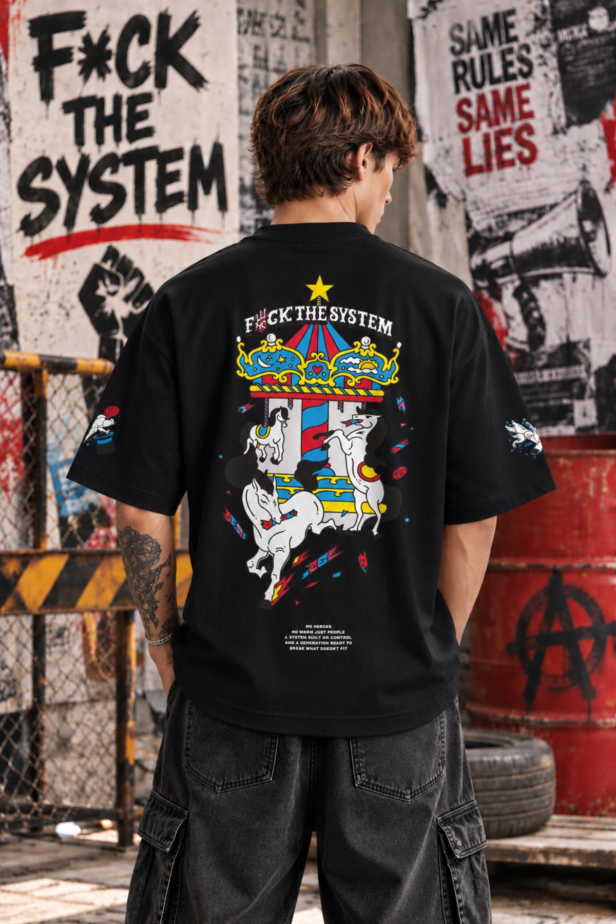 Red oversized tshirt with F*ck The System white slogan print on front and anarchy motifs on sleeves, drop shoulder boxy fit, men India