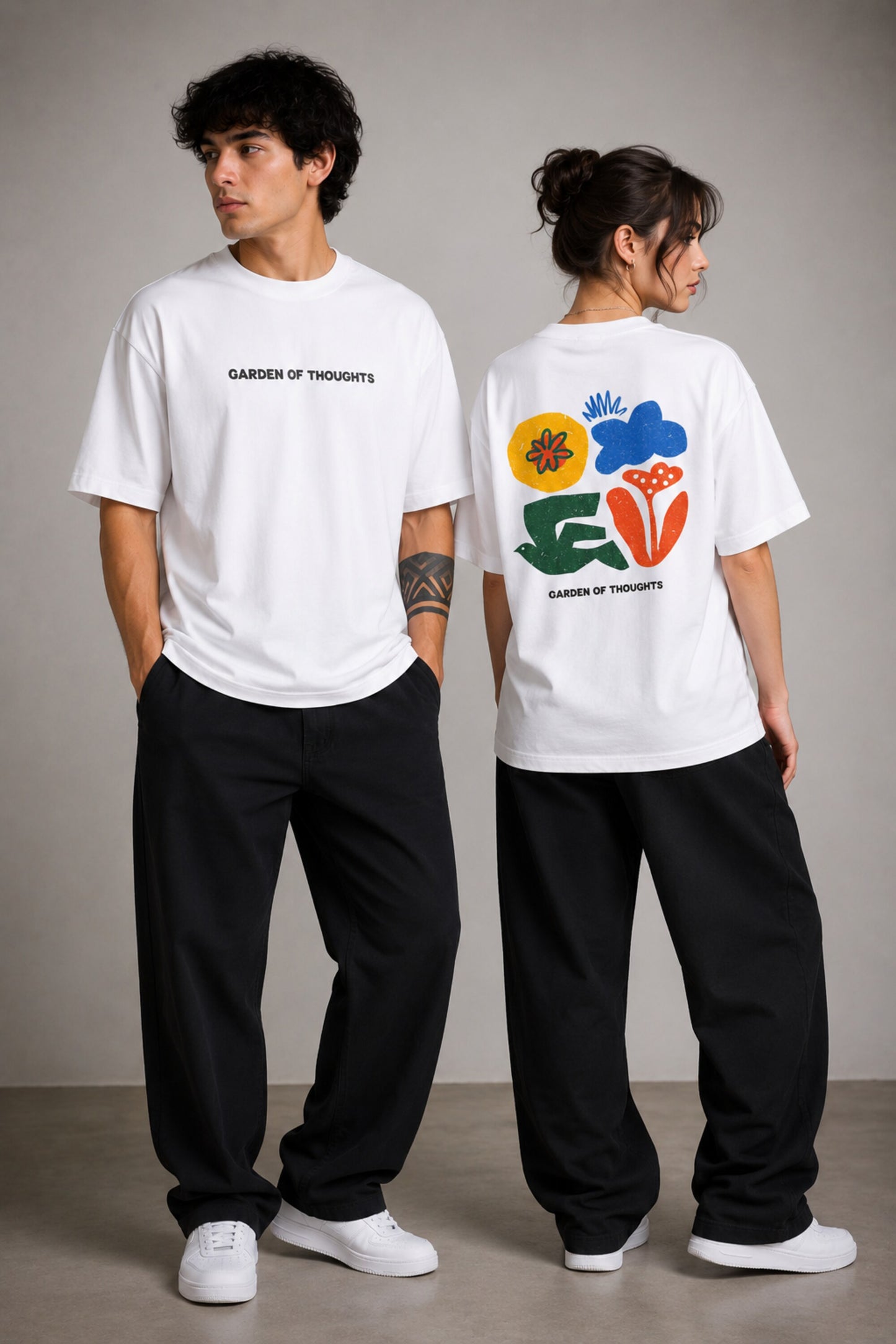 POPCASE Garden of Thoughts white oversized t shirt with colorful folk art floral bird back graphic print premium cotton streetwear