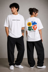 POPCASE Garden of Thoughts white oversized t shirt with colorful folk art floral bird back graphic print premium cotton streetwear