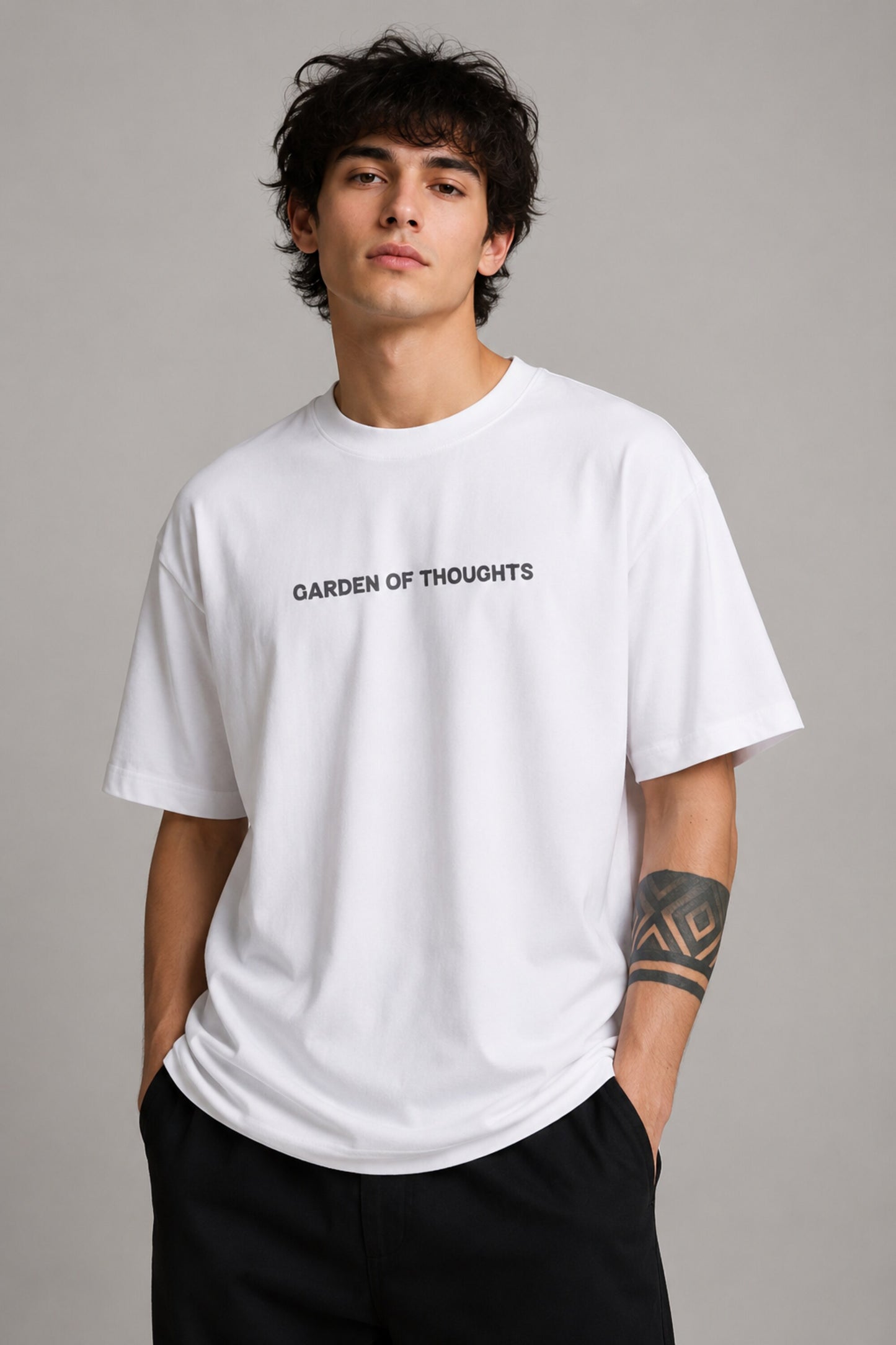 POPCASE Garden of Thoughts white oversized t shirt with colorful folk art floral bird back graphic print premium cotton streetwear