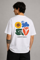 POPCASE Garden of Thoughts white oversized t shirt with colorful folk art floral bird back graphic print premium cotton streetwear