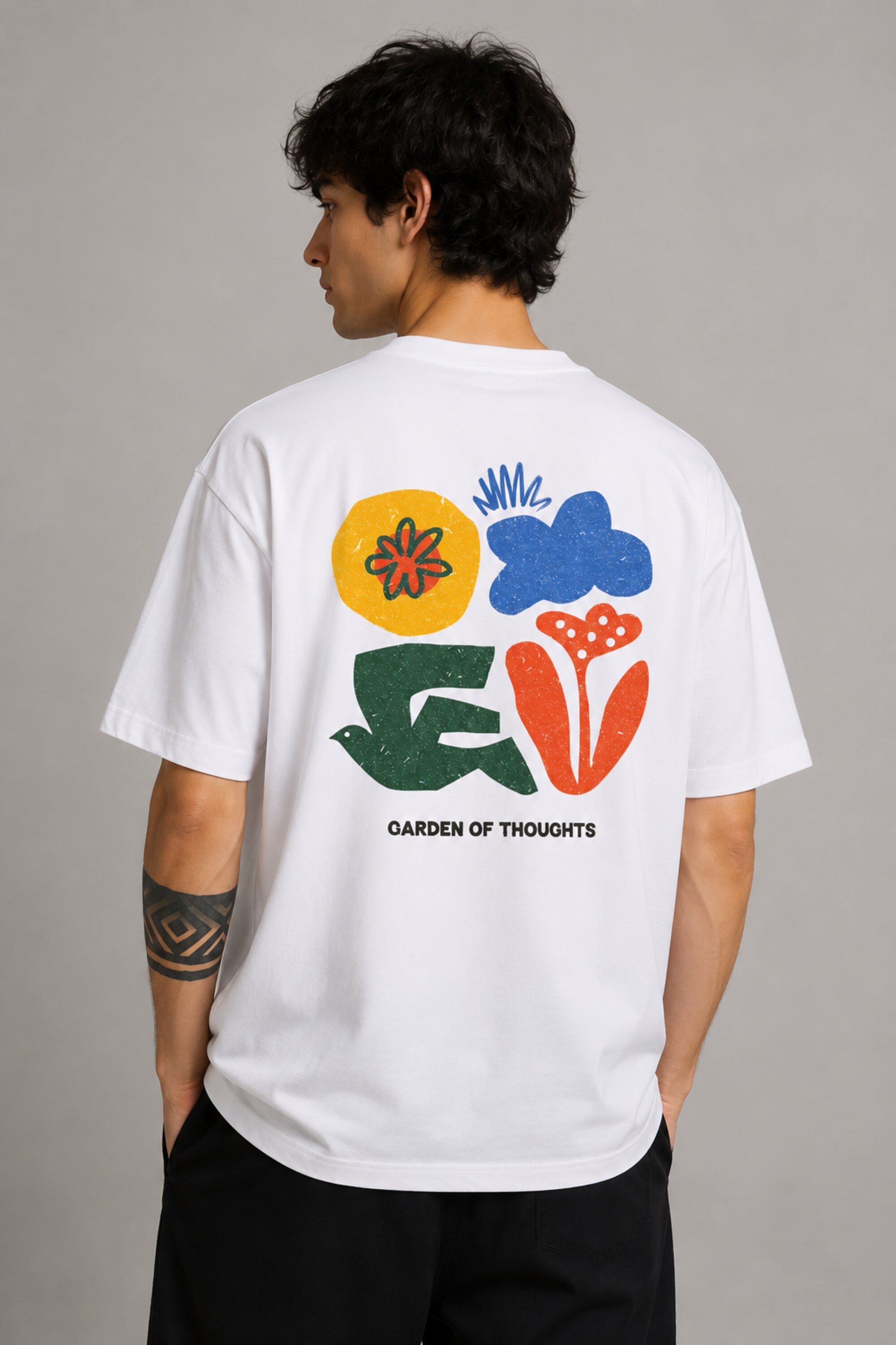 POPCASE Garden of Thoughts white oversized t shirt with colorful folk art floral bird back graphic print premium cotton streetwear